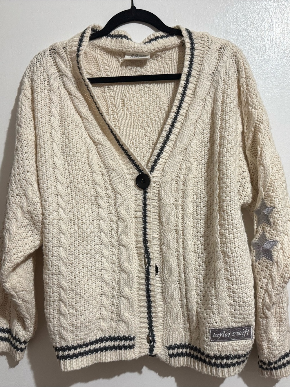 Taylor Swift Cream Cable-Knit Cardigan with Black Trim